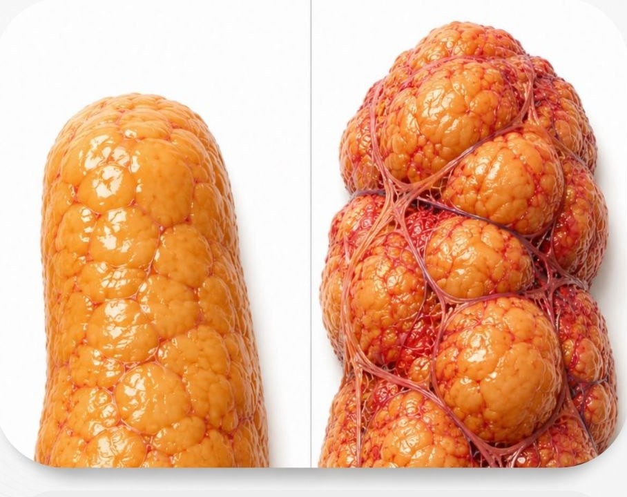 Comparação lado a lado: gordura normal (lisa e uniforme) e lipedema (nódulos irregulares com fibrose)