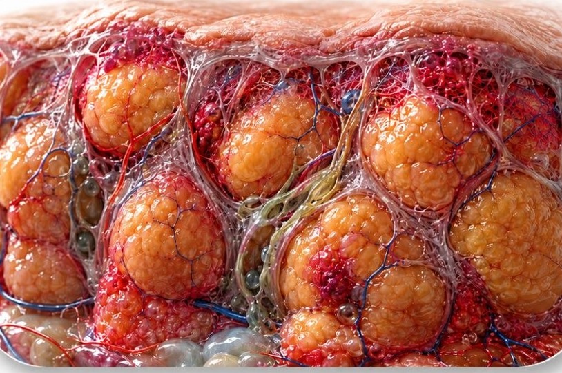 Ilustração do tecido adiposo no lipedema: nódulos de gordura com fibrose e inflamação crônica